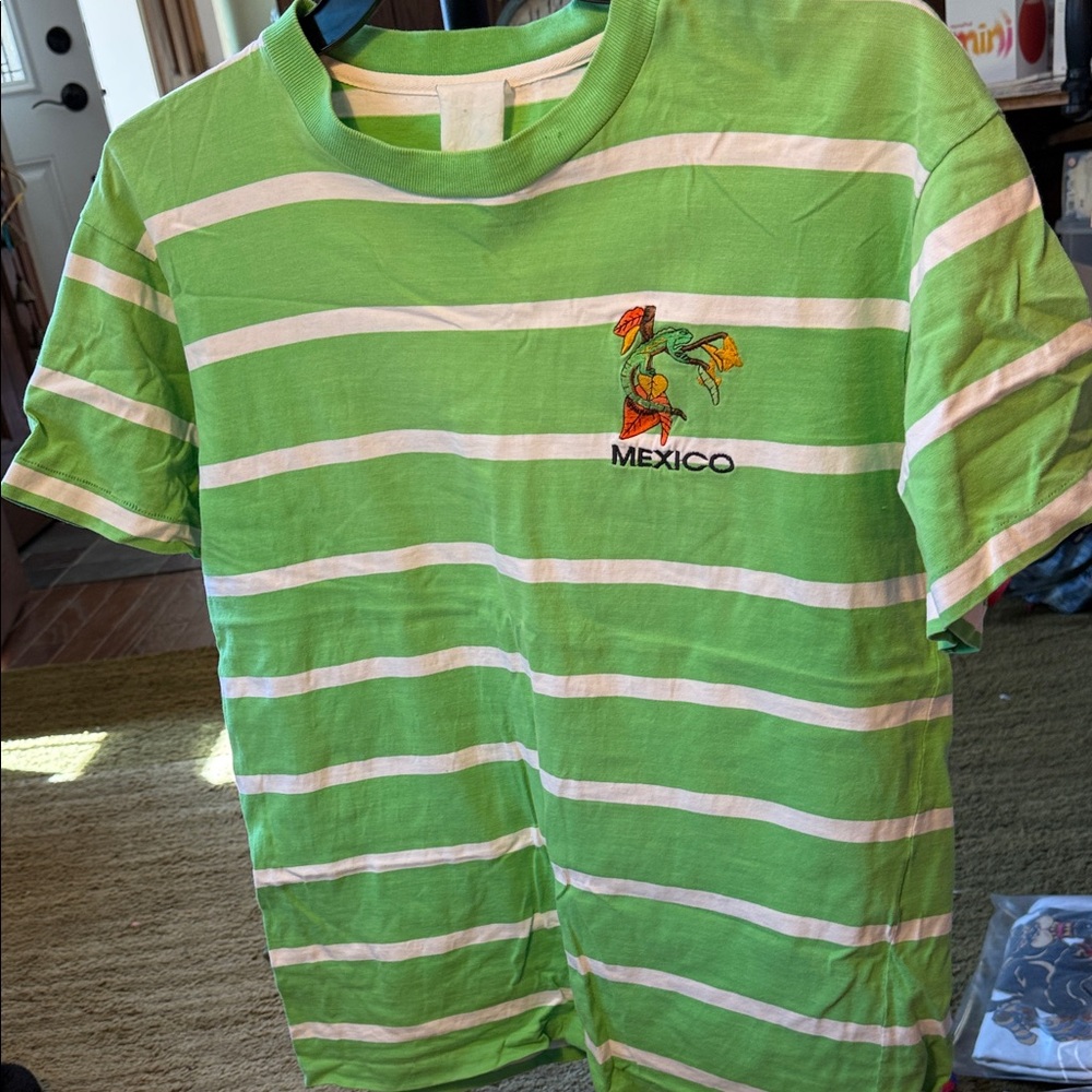 Vintage Green & White Striped Mexico Embroidered Tee